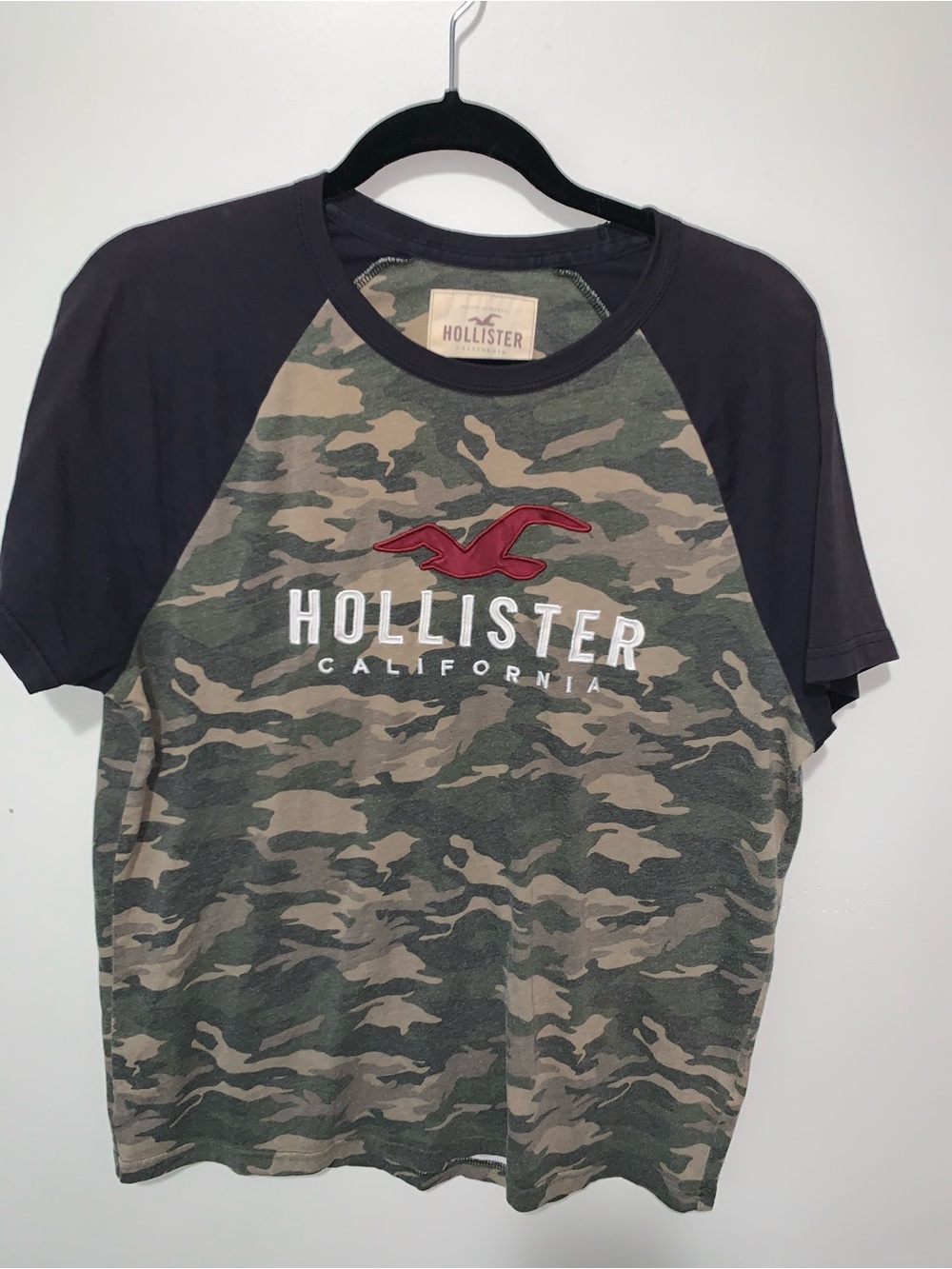Hollister Men's Camo Raglan Tee with Red Seagull Logo